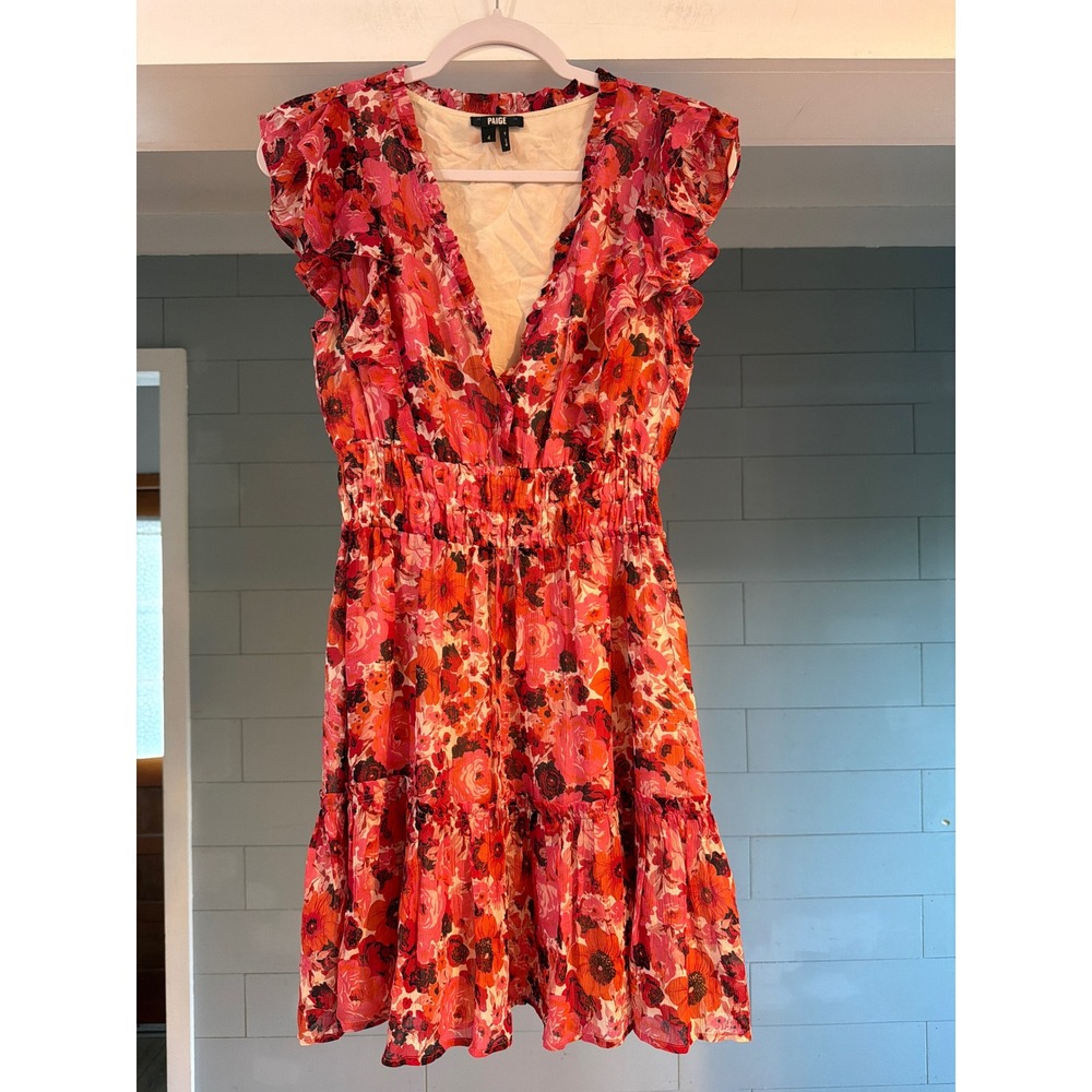 PAIGE Silk Floral Mini Dress Bissou Multi Red Orange Ruffle Smocked Waist 4